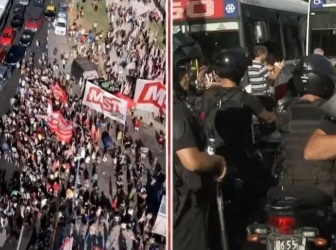 Manifestantes entram em confronto com a polícia durante protesto contra megaprojeto de Milei