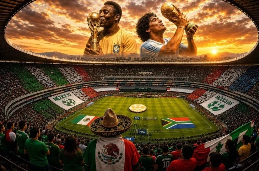No Estádio Azteca, 80 mil torcedores acompanham a estreia vitoriosa da seleção mexicana contra a África do Sul na Copa