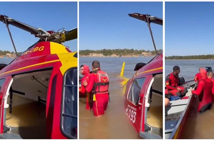 Veja Vídeo: Helicóptero dos bombeiros ‘perde força’ e faz pouso forçado no Rio Araguaia, divisa entre MT e Goiás