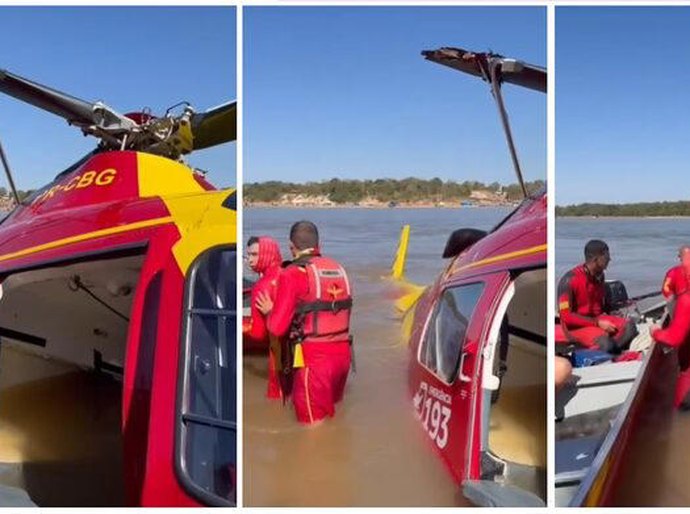 Veja Vídeo: Helicóptero dos bombeiros ‘perde força’ e faz pouso forçado no Rio Araguaia, divisa entre MT e Goiás