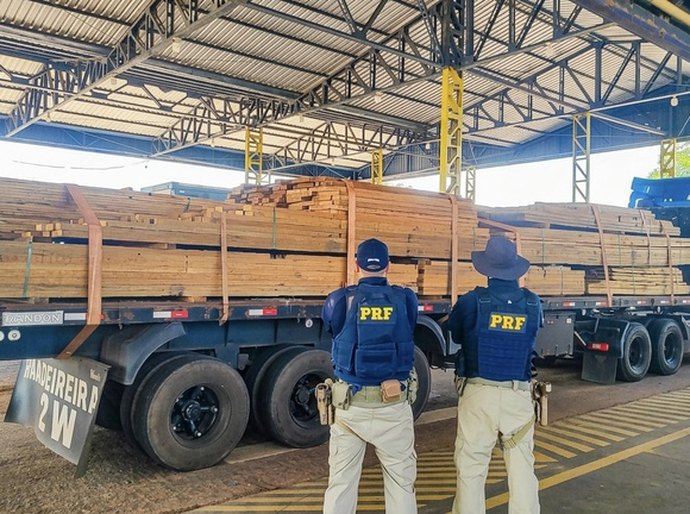 PRF apreende carga de madeira com irregularidades na BR-174 em Mato Grosso