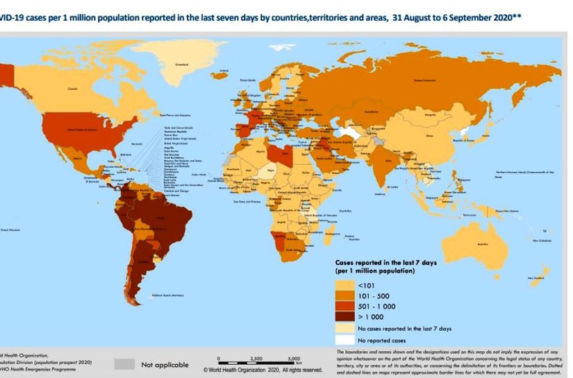 Mapa da OMS mostra América ainda no epicentro da pandemia de Covid-19