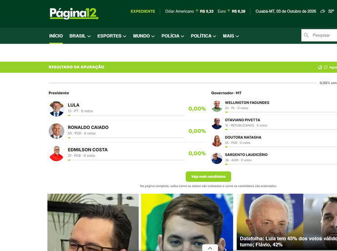 É AMANHÃ! ACESSE www.pagina12.com.br E ACOMPANHE VOTO A VOTO QUEM VENCE AS ELEIÇÕES EM MATO GROSSO