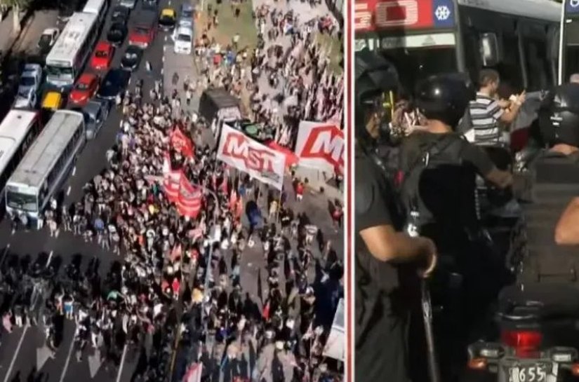 Manifestantes entram em confronto com a polícia durante protesto contra megaprojeto de Milei