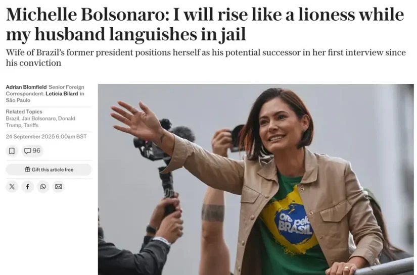 Após condenação de Bolsonaro, Michelle se coloca como candidata e diz a jornal inglês que agirá como 'leoa' para defender conservadores